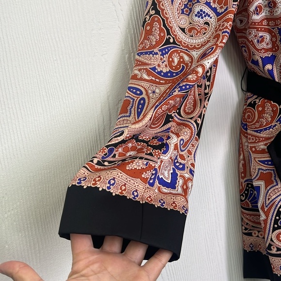 Zara - Colorful Paisley Print Black Lapels And Tie Belt Kimono Blouse Size Small - Picture 5 of 13